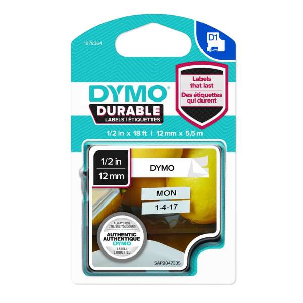 D1 Kestävä 12 mm x 5,5 M, musta valkoisella