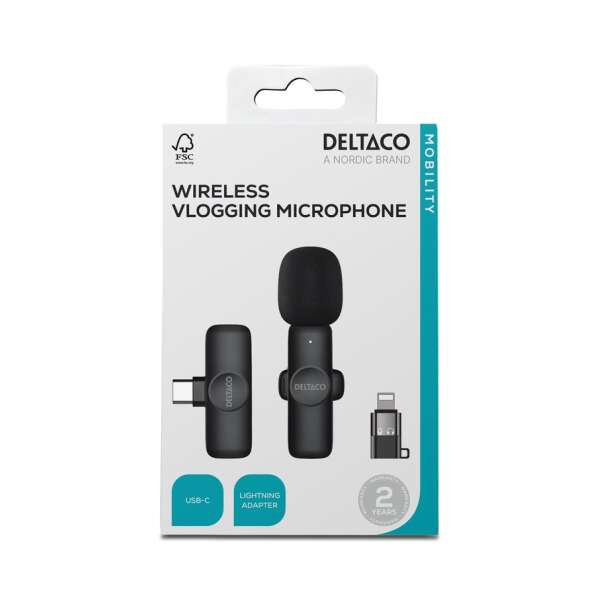 Langaton vloggausmikrofoni, USB-C/Lightning-sovitin, musta