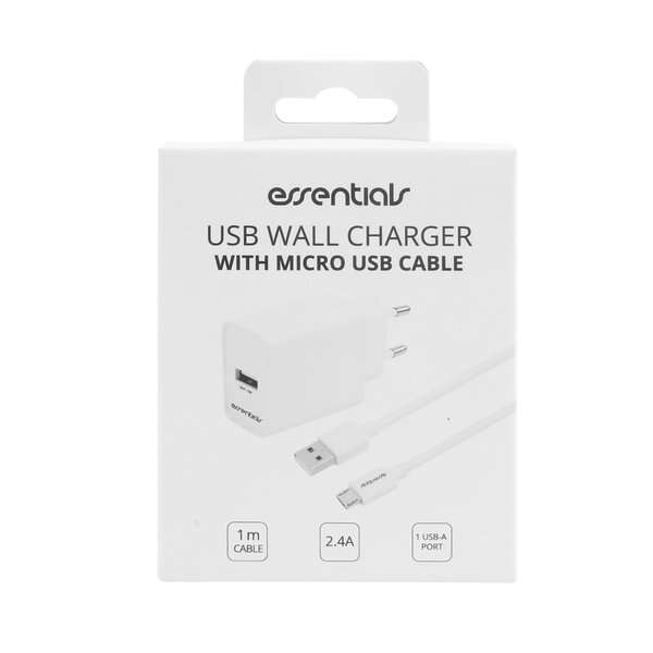 Seinälaturi 12W, USB-A Micro USB -kaapeli 1m, valkoinen