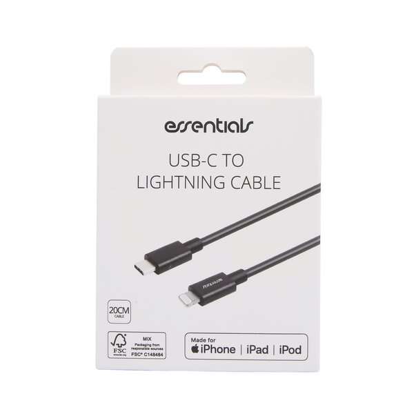 USB-C - Lightning -kaapeli, MFi, 20 cm, musta